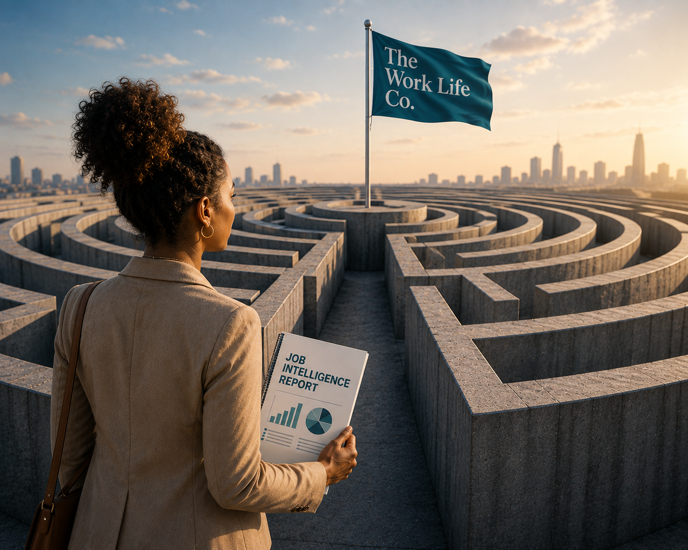 A professional holding a Job Intelligence Report in front of a city maze, with The Work Life Co. flag ahead